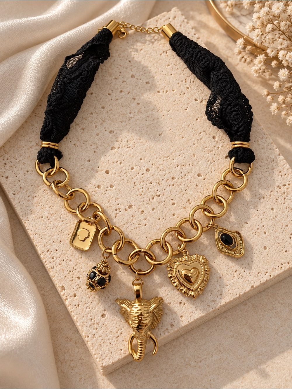 Gold Elephant Charm Statement Necklace - Black Lace Accents